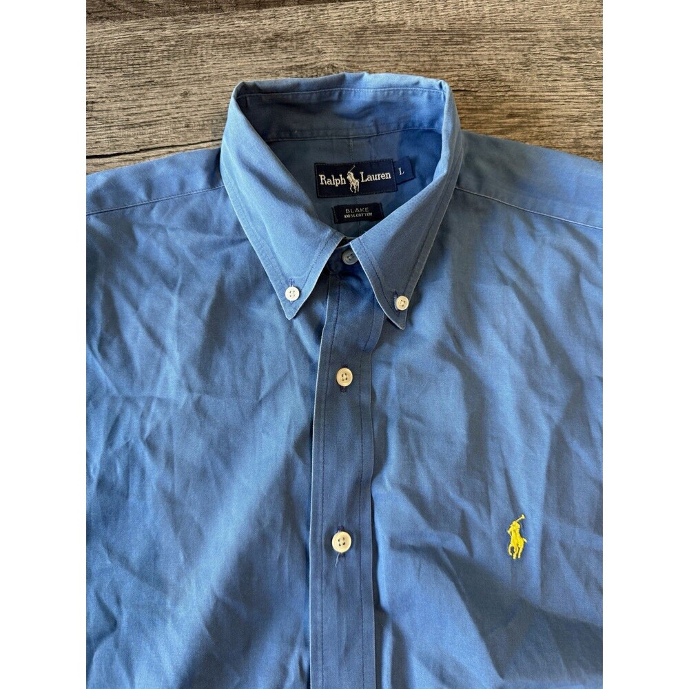 Ralph Lauren Blake Button Down Shirt Mens Large Blue 100% Cotton Yellow Pony